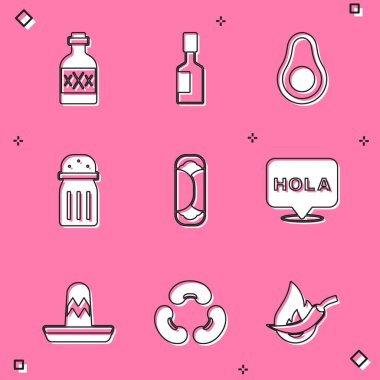 Tekila şişesi Tabasco sosu Avokado meyveli Burrito Hola Meksika sombrero ve fasulye ikonu. Vektör.