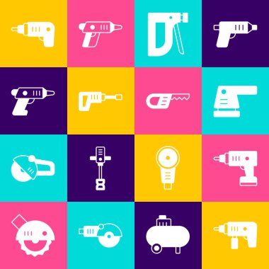 Elektrikli matkap, kablosuz tornavida zımbası, döner çekiç ve testere ikonunu ayarlayın. Vektör.
