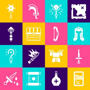 Kart koleksiyonu, Ortaçağ Hançer Miğferi Sihirli Değnek Asası, zincirli topuz ve yay ikonu. Vektör.