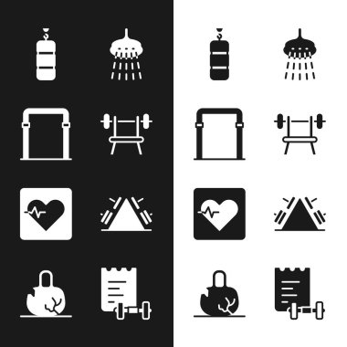 Halter Spor Yatay Yumruk Torbası, Duş Nabzı Metal Ağırlık Eğitim Programı ve Kırık İkonla Bench 'i hazırla. Vektör.