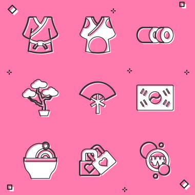 Geleneksel Kimono Sushi Bonsai ağacı hayranı Güney Kore bayrağı, Ramen ve Lock 'u kalp ikonuyla belirleyin. Vektör.