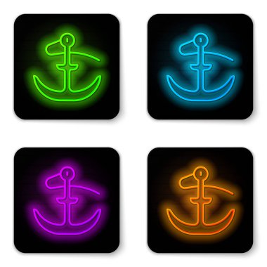 Parlayan neon hattı Anchor simgesi beyaz arkaplanda izole edildi. Siyah kare düğme. Vektör.