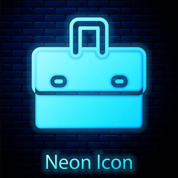 Leuchtende Neon Aktentasche Symbol Isoliert Auf Backsteinwand Hintergrund Business Case — Stockvektor