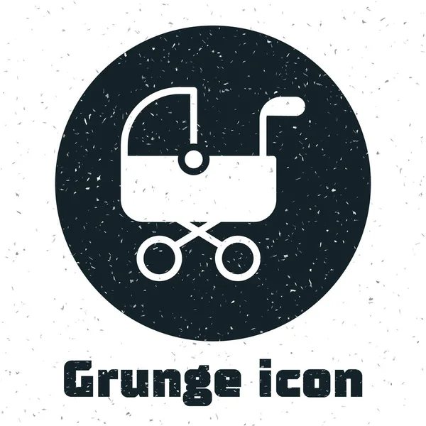 白の背景に隔離されたGrunge Babyベビーカーアイコン 赤ちゃんの馬車 バギー プラム ベビーカー ホイール モノクローム ヴィンテージ ドローイング — ストックベクタ