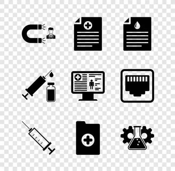 Set Atrayendo Cliente Ficha Clínica Portapapeles Con Jeringa Para Análisis — Archivo Imágenes Vectoriales