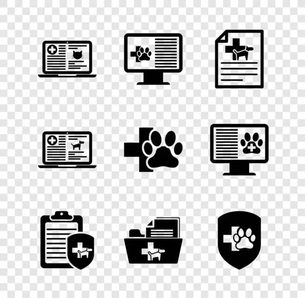Set Clinical Record Cat Laptop Pet Monitor Medical Certificate Dog — Stock Vector