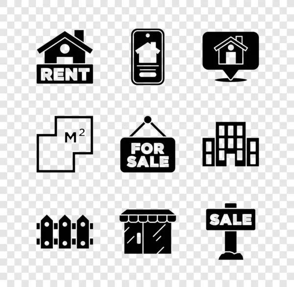 Set Hanging Sign Rent Online Real Estate House Location Garden — Stock Vector