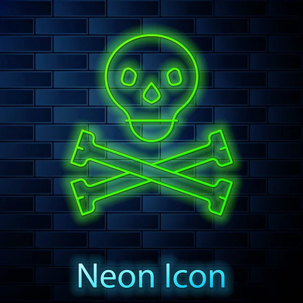 Glowing Neon Line Skull Crossbones Icon Isolated Brick Wall Background — Stock Vector