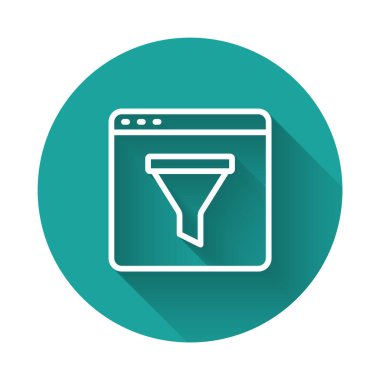 Beyaz çizgi Tarayıcı pencere simgesi uzun gölge arkaplanı ile izole edildi. Yeşil daire düğmesi. Vektör.