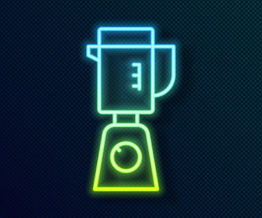 Parlayan neon hattı blender simgesi siyah arkaplanda izole edildi. Mutfak elektrikli kırıcı ve kase. Meyve suyu, kokteyl ya da meyve suyu. Vektör.