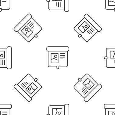 Gri çizgi projeksiyon ekran simgesi beyaz arkaplanda izole edilmiş kusursuz desen. İş sunumu slaytlar, bilgi grafikleri ve video gibi görsel içerikler. Vektör.