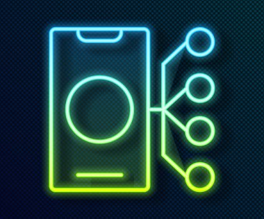 Parlayan neon hattı sinirsel ağ simgesi siyah arkaplanda izole edildi. Yapay zeka yapay zekası. Vektör.