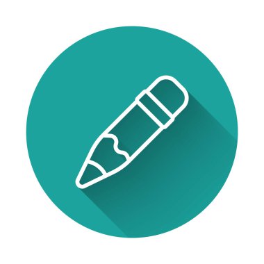 Silgi simgesine sahip beyaz çizgi kalem uzun gölge arkaplan izole. Çizim ve eğitim araçları. Okul sembolü. Yeşil daire düğmesi. Vektör.