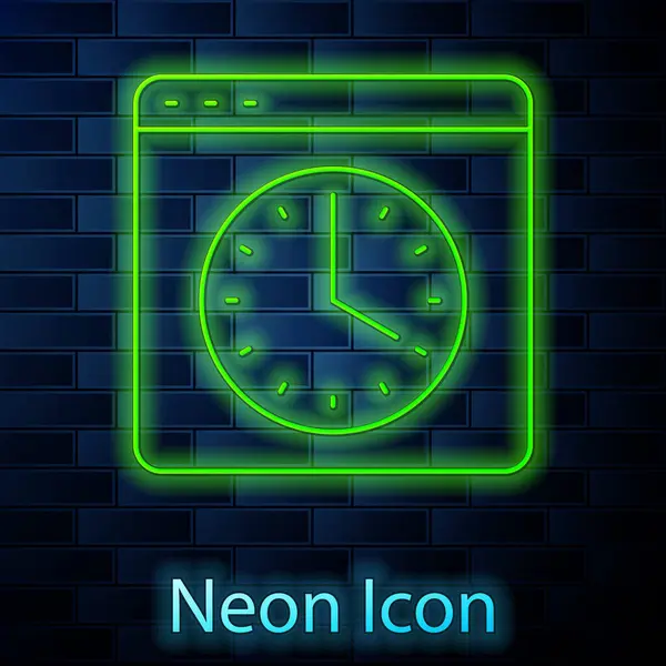 Zářící Neonová Čára Ikona Okna Prohlížeče Izolovaná Pozadí Cihlové Stěny — Stockový vektor