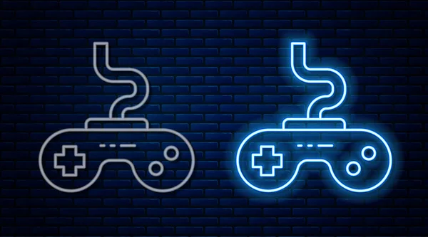 Ragyogó Neon Vonal Gamepad Ikon Elszigetelt Téglafal Háttér Játékvezérlő Vektor — Stock Vector