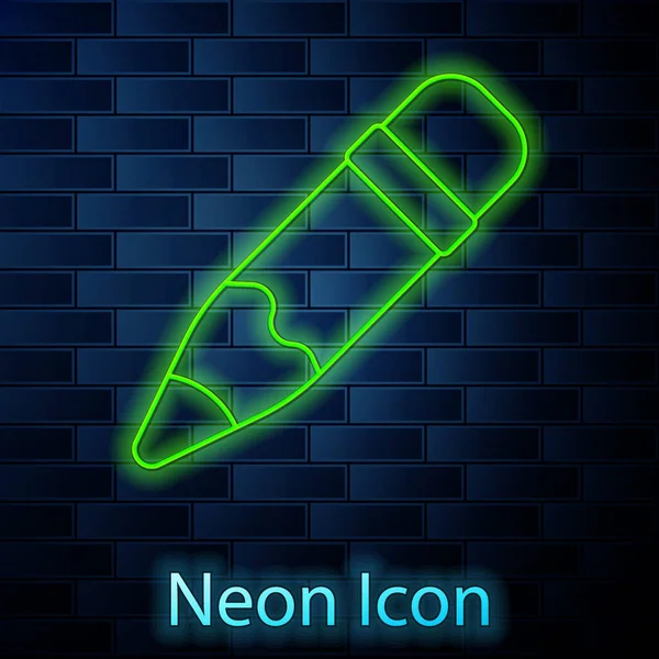 Świecący Neon Linii Ołówek Ikoną Gumki Izolowane Tle Cegły Ściany — Wektor stockowy