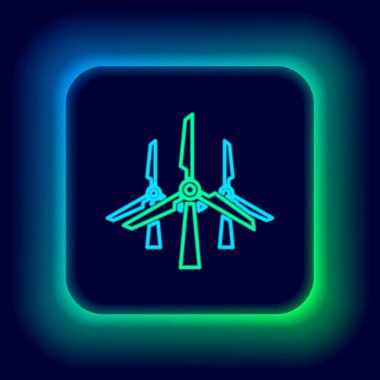 Parlayan neon hattı rüzgar türbinleri simgesi siyah arkaplanda izole edildi. Rüzgar jeneratörü işareti. Yel değirmeni silueti. Elektrik üretimi için yel değirmenleri. Renkli taslak konsepti. Vektör