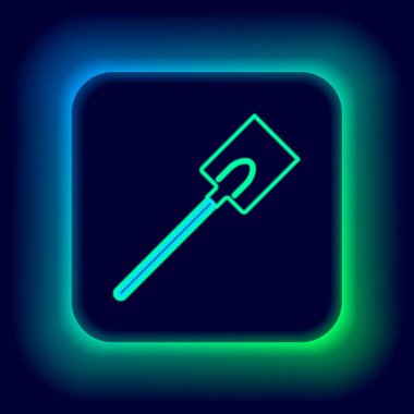 Parlayan neon hattı bahçe kürek ikonu siyah arka planda izole edildi. Bahçe aletleri. Bahçecilik, tarım, çiftçilik aleti. Renkli taslak konsepti. Vektör