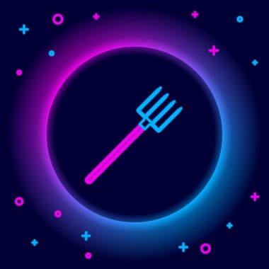 Parlayan neon hattı bahçe yabası simgesi siyah arkaplanda izole edildi. Bahçe çatalı işareti. Bahçecilik, tarım, çiftçilik aleti. Renkli taslak konsepti. Vektör