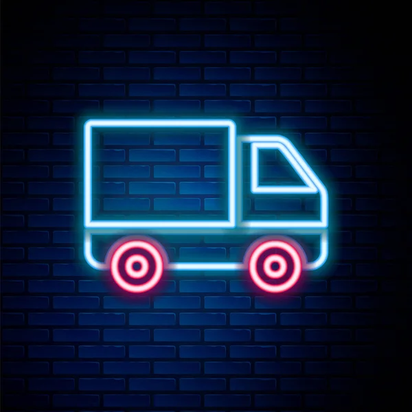 Linea al neon incandescente consegna camion carico icona isolato su sfondo muro di mattoni. Concetto di contorno colorato. Vettore — Vettoriale Stock