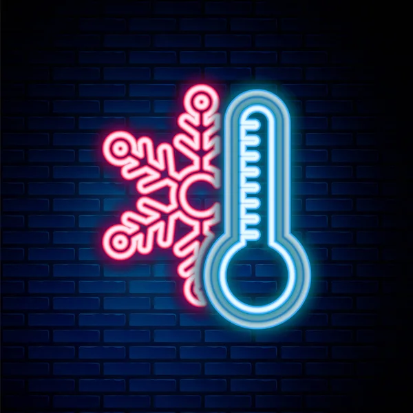Ligne lumineuse au néon Thermomètre avec icône de flocon de neige isolé sur fond de mur de briques. Concept de contour coloré. Vecteur — Image vectorielle