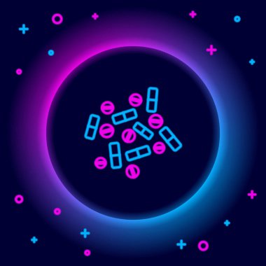 Siyah arkaplanda parlayan neon hattı ilaç veya tablet ikonu. Kapsül hapı ve uyuşturucu işareti. Eczane tasarımı. Renkli taslak konsepti. Vektör