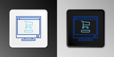 Ekran bilgisayarındaki çizgi alışveriş arabası gri arkaplanda izole edildi. Konsept e-ticaret, e-ticaret, online iş pazarlama. Renkli taslak konsepti. Vektör