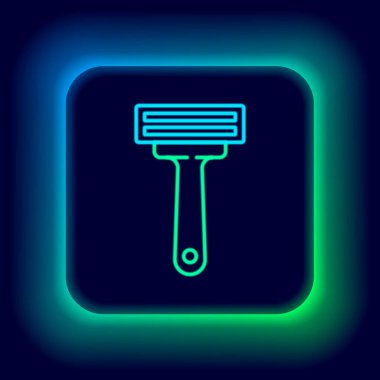 Parlak neon çizgisi, traş makinesi simgesi siyah arkaplanda izole edilmiş. Renkli taslak konsepti. Vektör