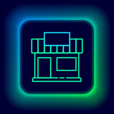 Parlayan neon hattı alışveriş binası ya da market simgesi siyah arka planda izole edildi. Dükkan inşaatı. Renkli taslak konsepti. Vektör