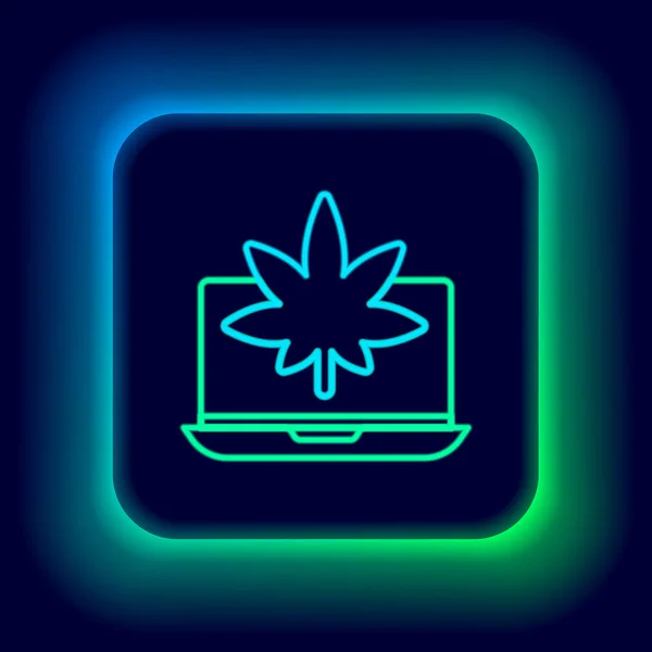Glödande neon line Laptop och medicinsk marijuana eller cannabis blad ikon isolerad på svart bakgrund. Onlineköp symbol. Stormarknadskorg. Färgstarkt skisskoncept. Vektor — Stock vektor