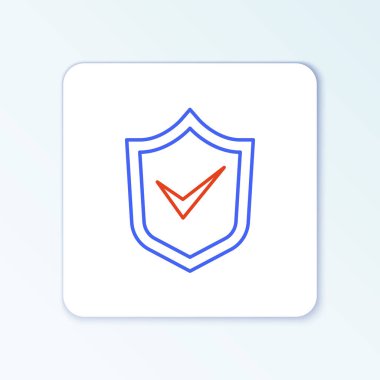 Beyaz arkaplanda işaret simgesine sahip çizgi kalkanı izole edildi. Güvenlik, güvenlik, koruma, gizlilik kavramı. Kene izi onaylandı. Renkli taslak konsepti. Vektör