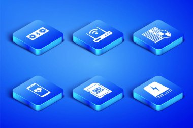 Güç Bankası, Bluetooth hoparlörleri, SD kart, kalp atış hızı olan akıllı telefon, Router, wi-fi ve sunucu kalkan simgesi. Vektör