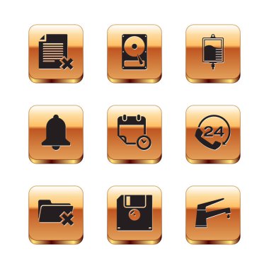 Dosya belgesini, klasörü, disketi, takvimi ve saati, zil ve serum torba simgesini sil. Vektör