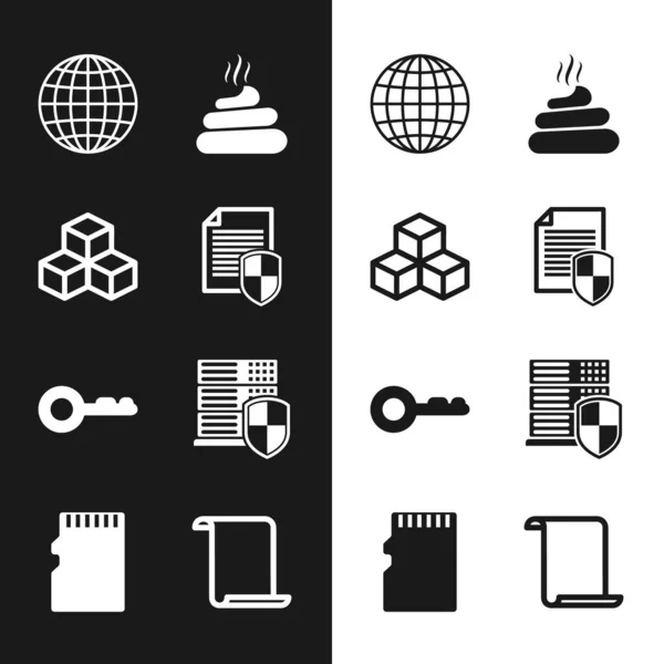 Set Document protection, Isometric cube, Earth globe, Shit, Key and Server with shield icon. Vector — Stockvector