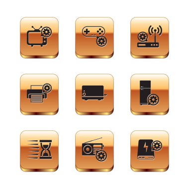 Televizyon ayarları, kumlu eski kum saati, radyo, tost makinesi, yazıcı ve kablosuz ağ ikonu. Vektör