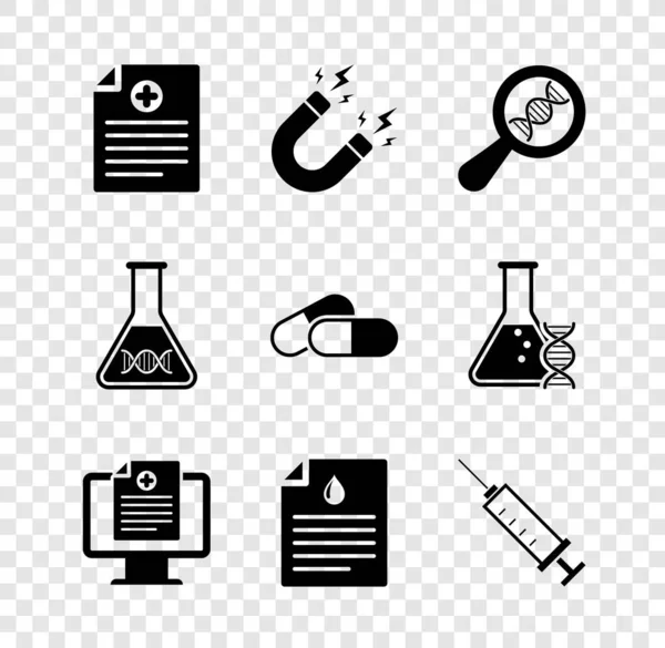 Clinical record, Magnet mit Blitz, DNA-Forschung, Suche, auf dem Monitor, Klemmbrett Bluttest und Spritze Symbol. Vektor — Stockvektor