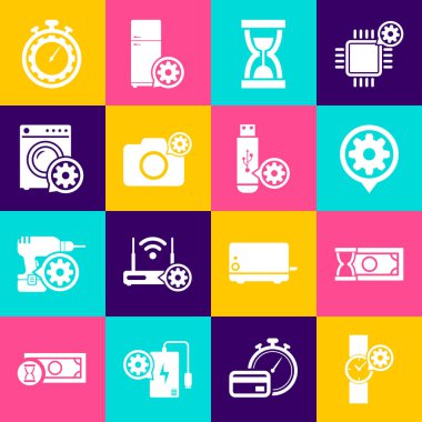 Bilek saati ayarı, hızlı ödemeler, ayar, kumlu eski kum saati, fotoğraf makinesi ve çamaşır makinesi ikonu. Vektör