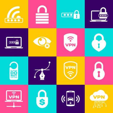Bulut VPN arayüzü, Lock, Kale kalp şekli, Parola koruması, görünmeyen gizlenme ve şifre simgesi olan dizüstü bilgisayarı ayarla. Vektör