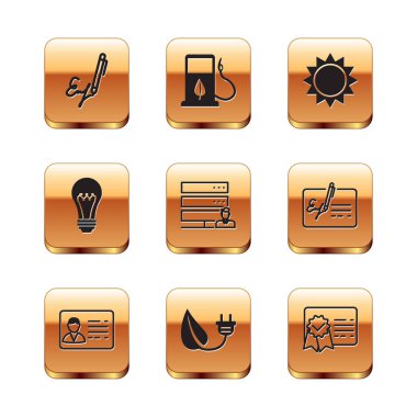 İmza, kimlik kartı, yaprak, Müşteri hizmetleri sunucusu, ampul, güneş, sertifika şablonu ve yakıt ikonuyla biyoyakıtı ayarla. Vektör