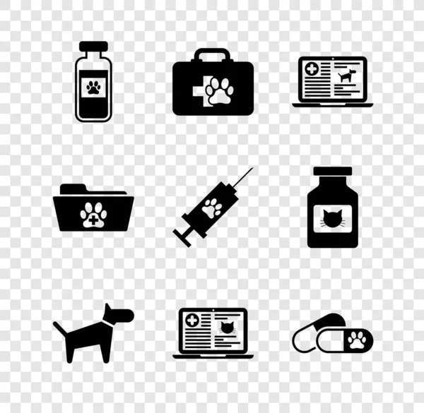 Set Mascotas vial médico, botiquín de primeros auxilios, perro de registro clínico en el ordenador portátil, perro, gato y píldoras icono. Vector — Vector de stock