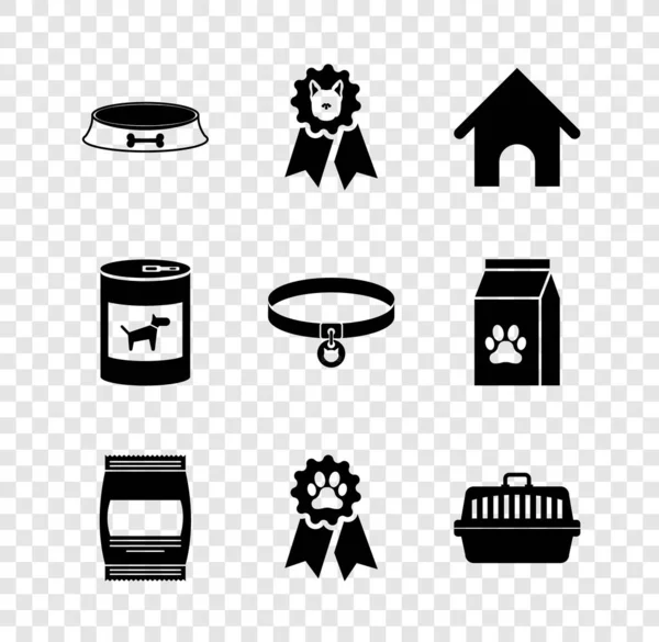 Set bol de nourriture pour animaux de compagnie, symbole de récompense de chien, maison, sac de, et icône de valise de transport. Vecteur — Image vectorielle