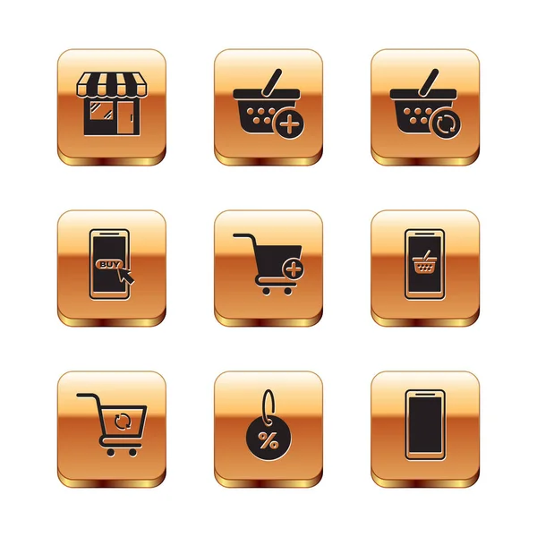 Set Market store, Aktualizovat nákupní košík, Sleva procenta tag, Přidat Nákupní, Mobilní a, Košík, Smartphone, Mobilní telefon a ikona. Vektor — Stockový vektor