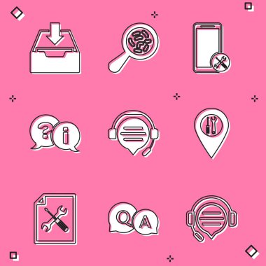 İndirme kutusunu, mikroorganizmaları büyüteç, Mobil servis, Soru ve Ünlem, Konuşma baloncuğu sohbetli kulaklıklar, Konum, Dosya belgesi ve Yanıt simgesi altında ayarla. Vektör