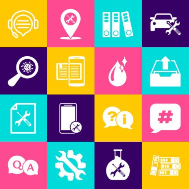 Ofis dosyalarını, Hashtag konuşma balonunu, gelen kutusunu, akıllı telefonu ve kitabı, büyüteç altında mikroorganizmaları, sohbet ve temiz su ikonlu kulaklıkları ayarla. Vektör