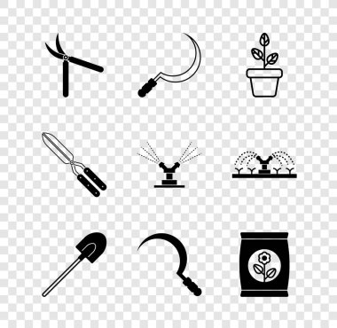 Bahçıvan el yapımı makas, Orak, saksı, kürek, gübre torbası ve otomatik sulama ikonu. Vektör