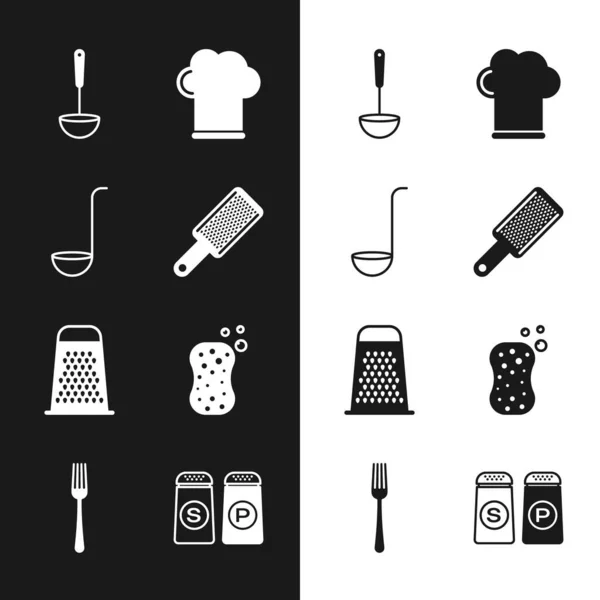 Set rallador, cucharón de cocina, sombrero de chef, esponja con burbujas, sal y pimienta y tenedor icono. Vector — Vector de stock