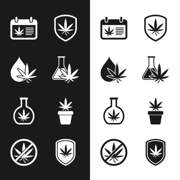 Sæt reagensglas med marihuana, marihuana eller cannabis blade olie, kalender og, Skjold, plante i potten, og Stop ikon. Vektor – Stock-vektor