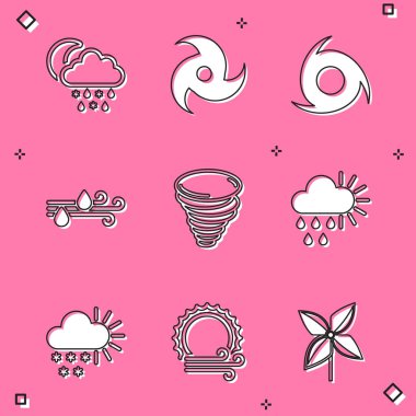 Bulut 'u karla, yağmurla, ayla, kasırgayla, rüzgarla ve bulutlu güneşle ve ikonla donat. Vektör