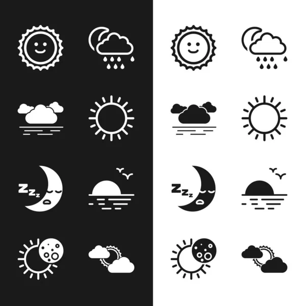 Закат солнца, облака, с дождём и луной, икона Луны, закат, облачная погода и икона Затмения солнца. Вектор — стоковый вектор