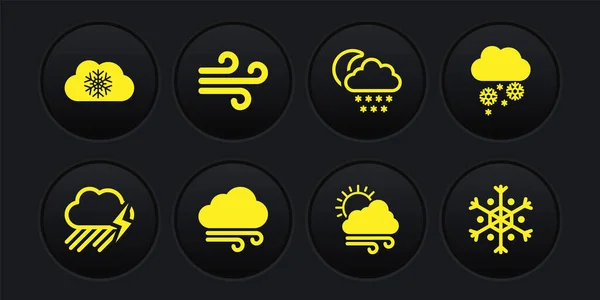 Nuage avec pluie et foudre, neige, temps venteux, lune et icône. Vecteur — Image vectorielle